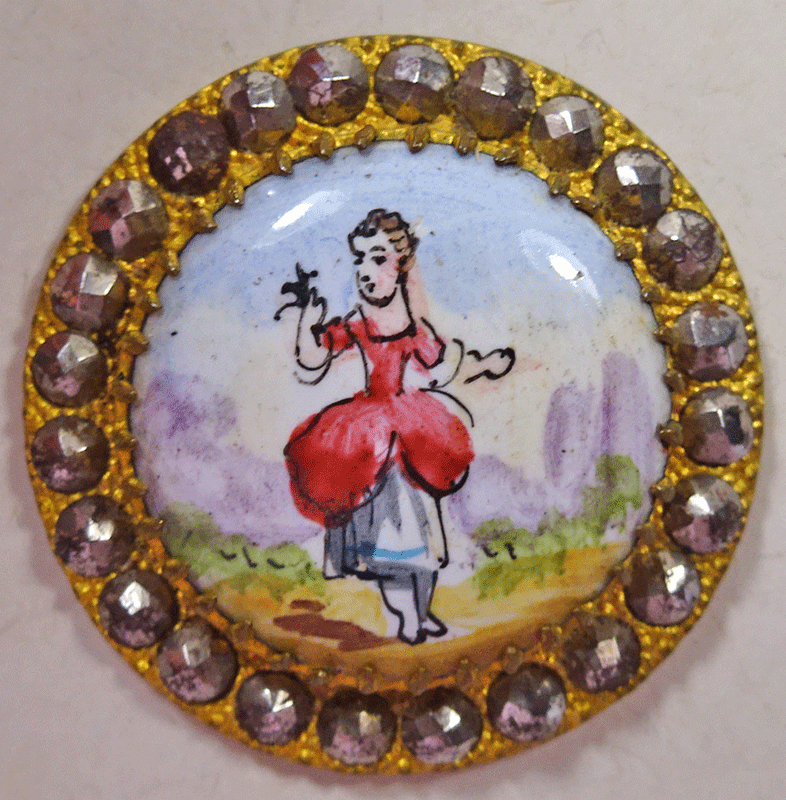 Enamel child with bird, cut steel rim