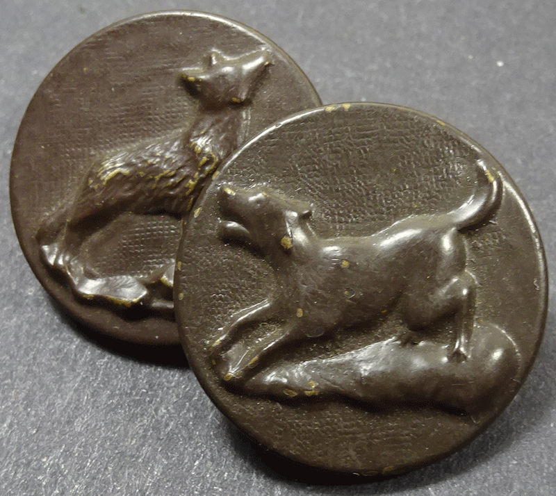 Pair of sporting buttons, dog and fox, Paris backs