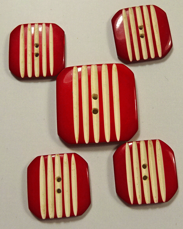 Set of 5 red and white striped square buttons