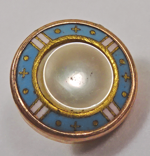 Pearl dress button, turquoise enamel border