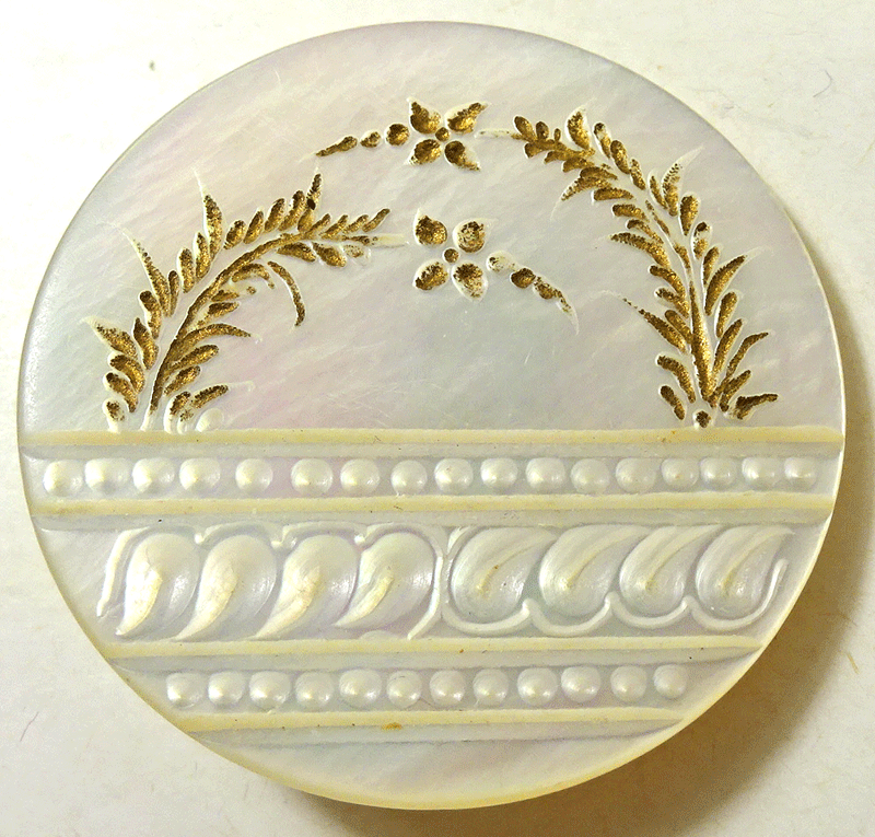 Large antique mother of pearl, incised bands, and part engraved and gold filled