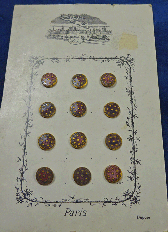 Original card of tiny purple French enamel buttons
