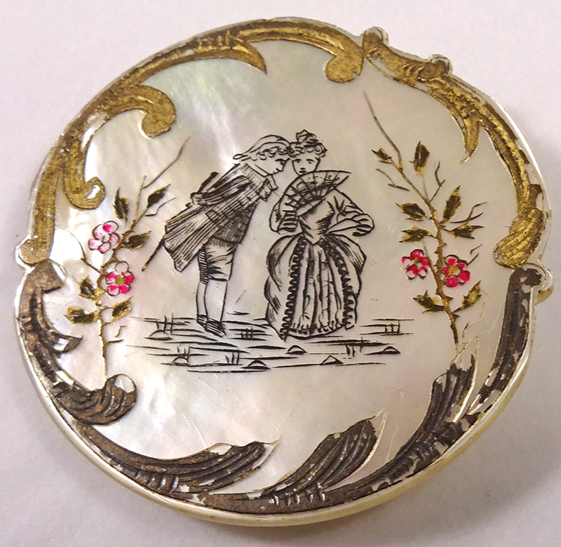 Antique mother of pearl, engraved with figures and scrolls