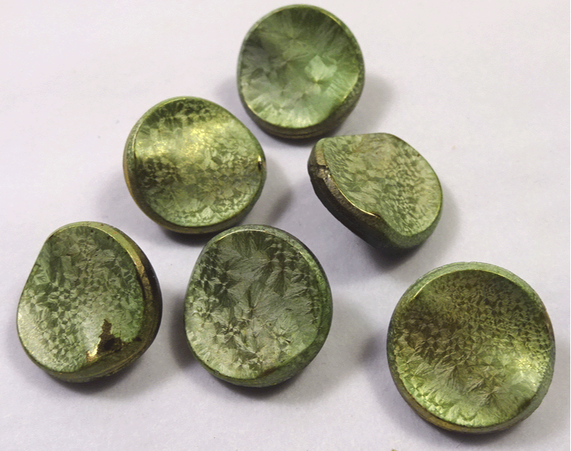 Set of 6 small black glass with green lustre