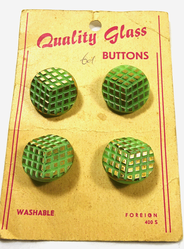 Set of 4 green glass buttons on original card