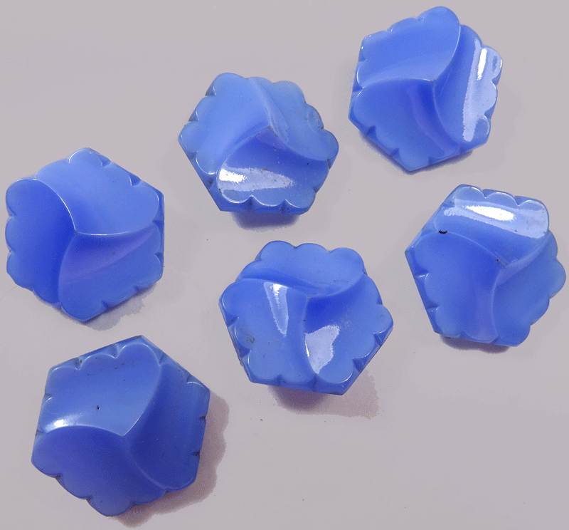 Set of 6 blue glass hexagonal buttons