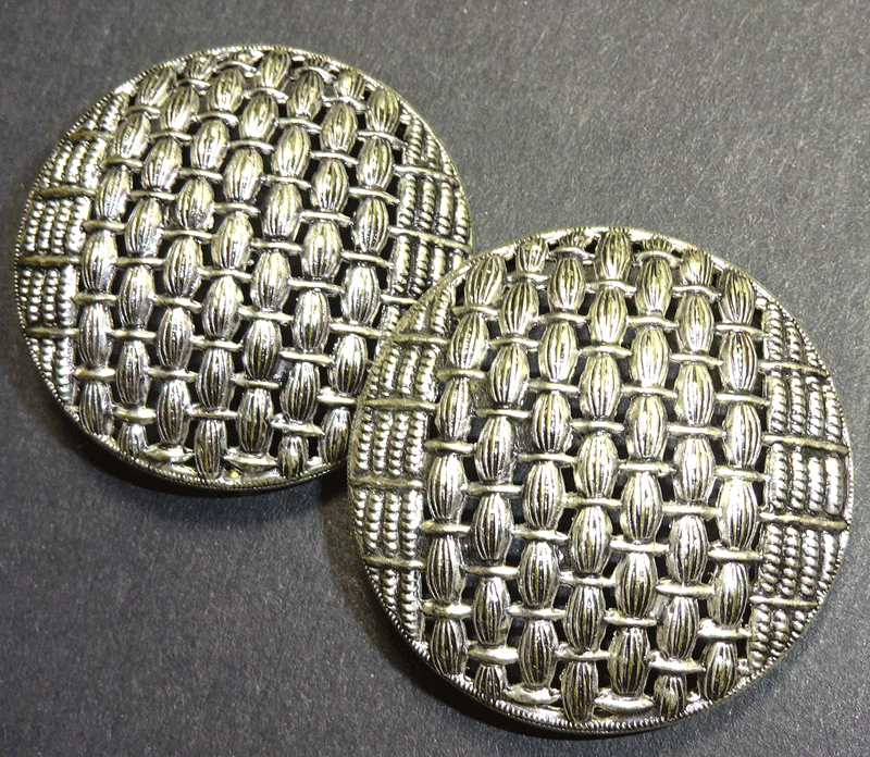 Pair of large white metal basket weave buttons