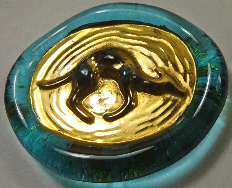 Large chunky turquoise glass with gold lustre kangaroo
