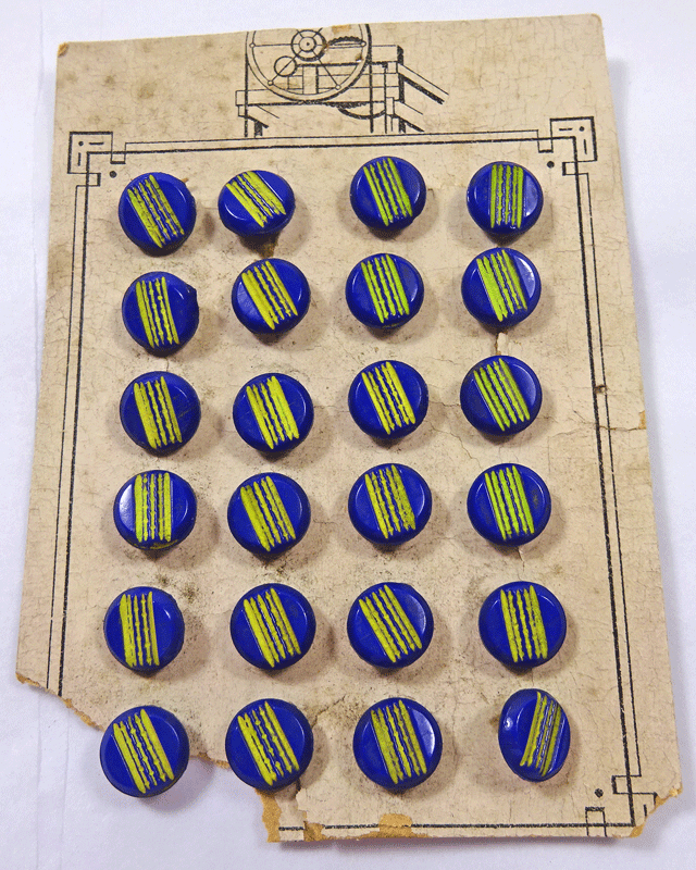 Original card of small blue glass buttons, yellow striped