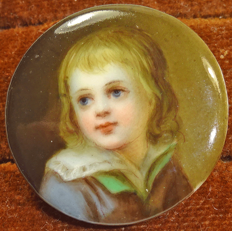 Portrait of a boy, painted on porcelain, stud shank (a/f)