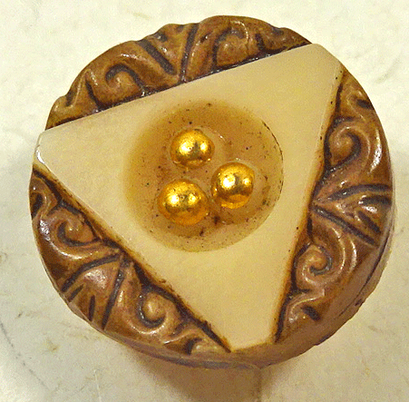 Small custard glass button, gold balls