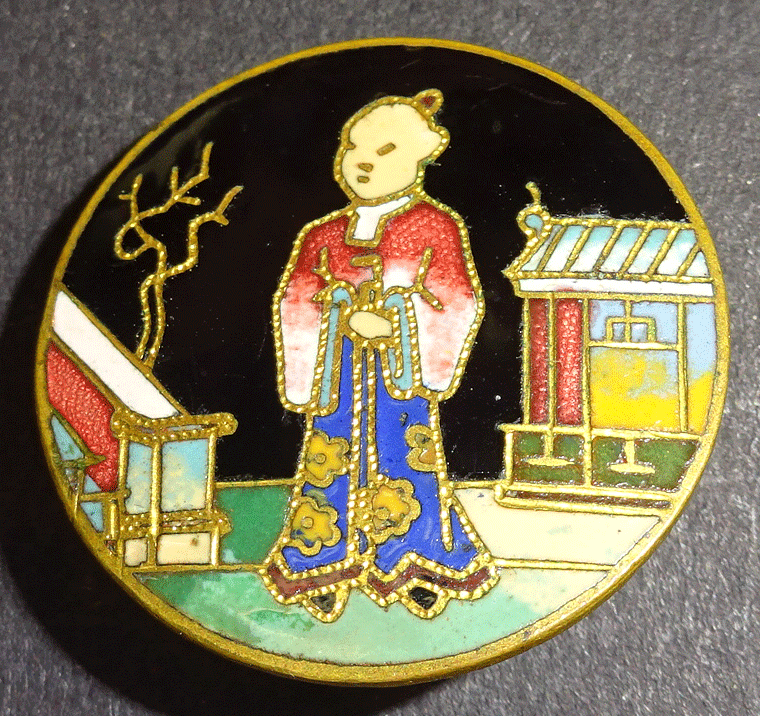 Enamel Oriental style figure, stud shank