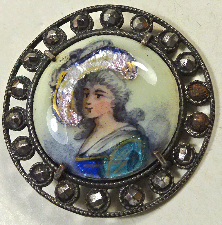 Foiled enamel portrait, cut steel rim