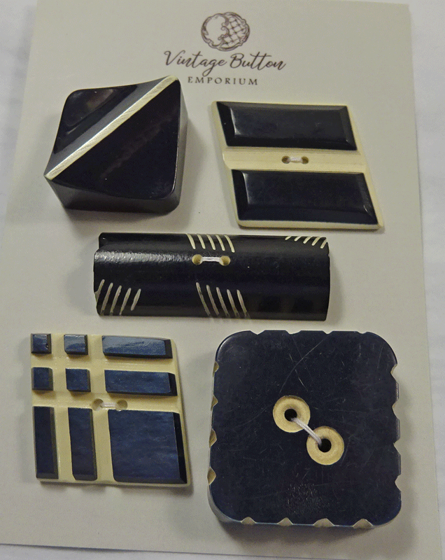 Set of 5 assorted blue laminated Art Deco buttons