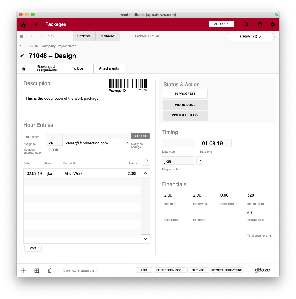 Detail-Ansicht Arbeitspaket. In den Karteireitern Bookings & Assignments, To Dos und Attachments siehst du verknüpfte Einträge und kannst du neue erstellen.