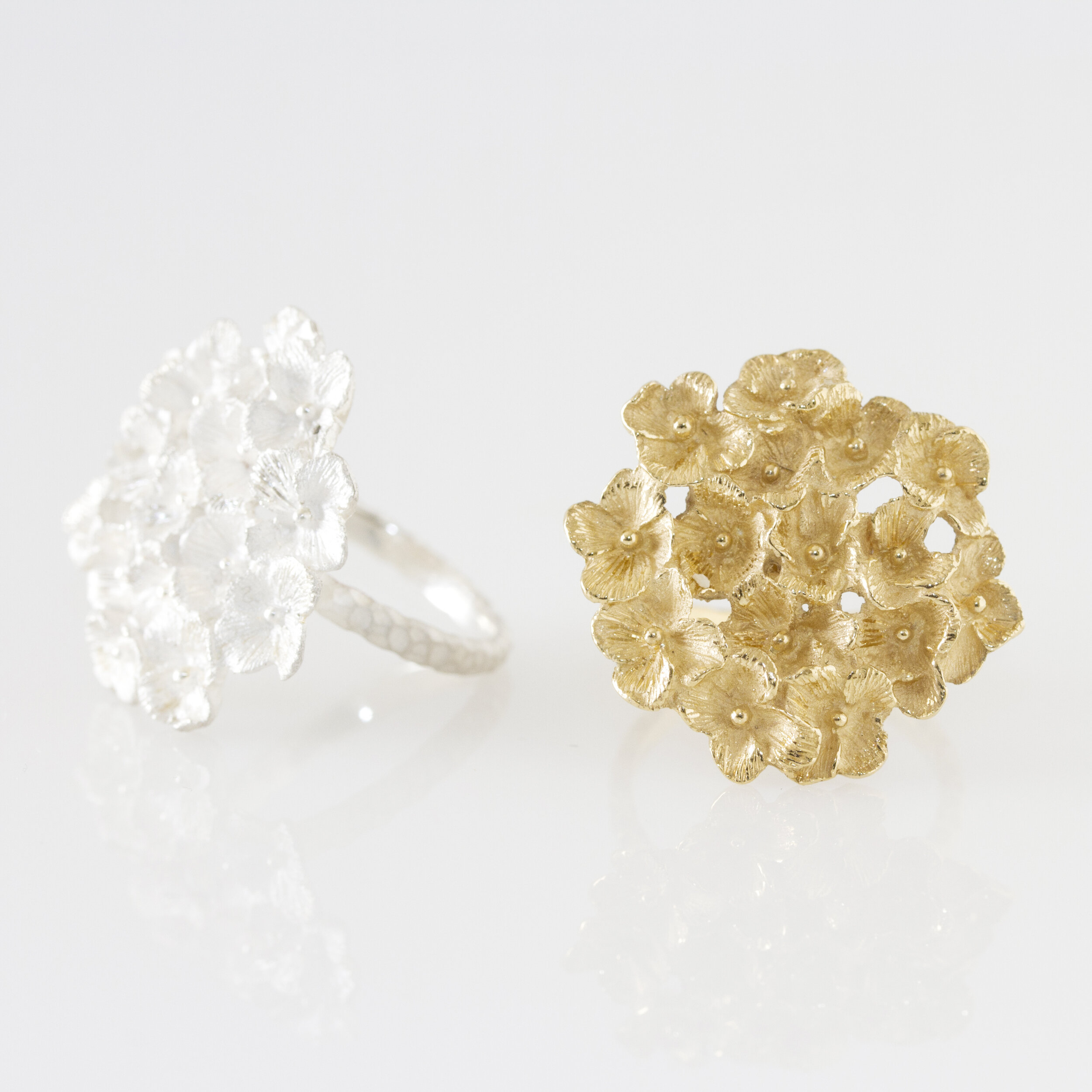 Bague Hortensia fleur entière or 18 carats ( or jaune, or gris, or blanc, or rose), argent 925 massif, vermeil (plaqué or) pour femmes