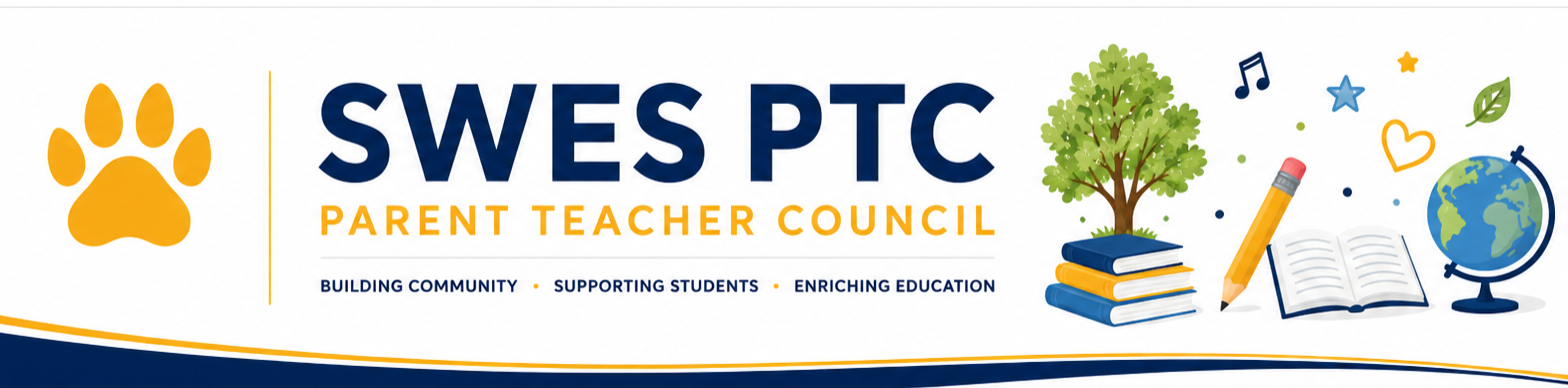 Banner for the SWES PTC with text and paw print and images of pencil globe music trees and hearts