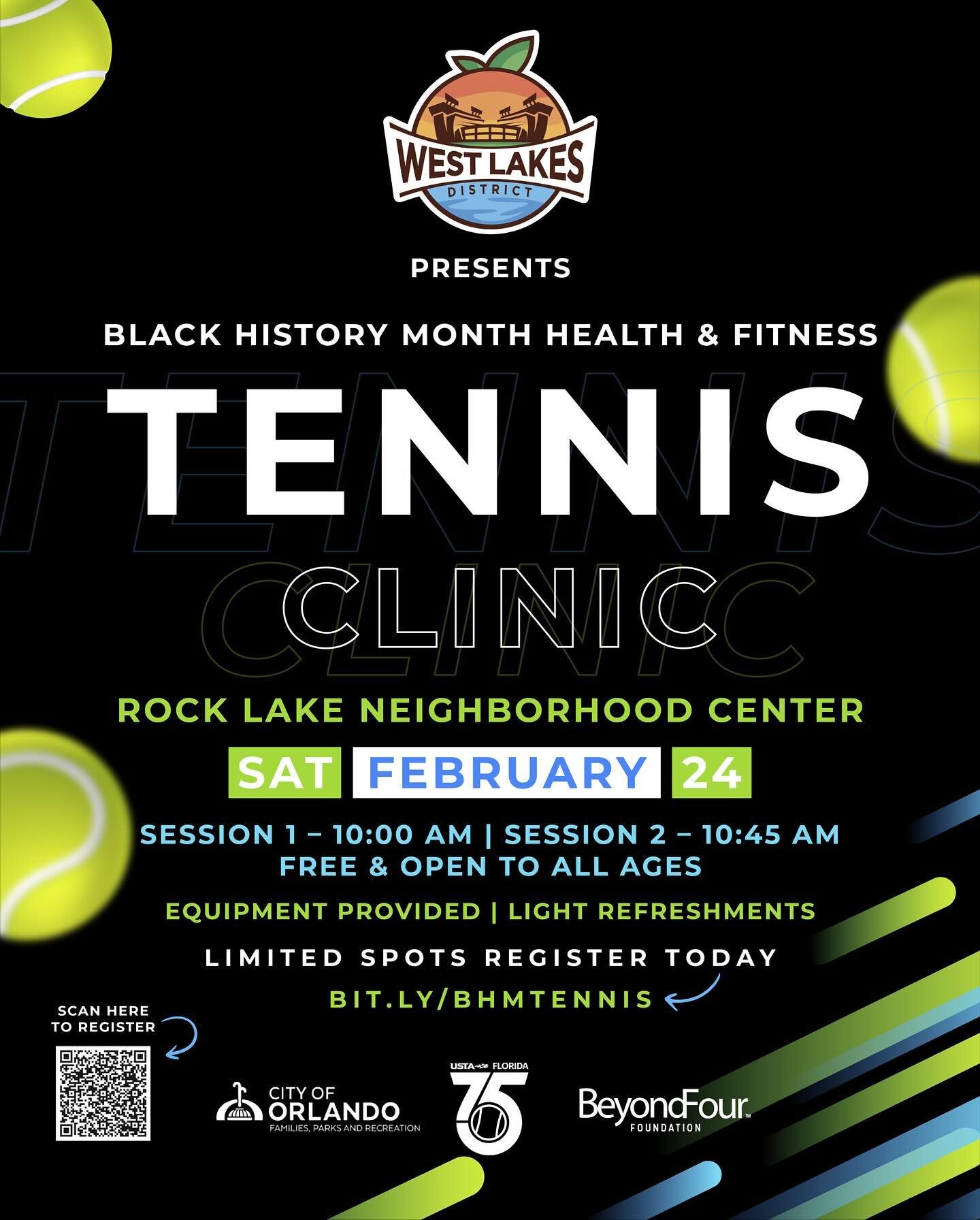 Serving up a fun-filled day of tennis! Join us on Saturday, Feb 24th, at the Rock Lake Neighborhood Center as we celebrate #BlackHistoryMonth with a Health &amp; Fitness Tennis Clinic brought to you by @westlakesdistrict in partnership with @ustaflor