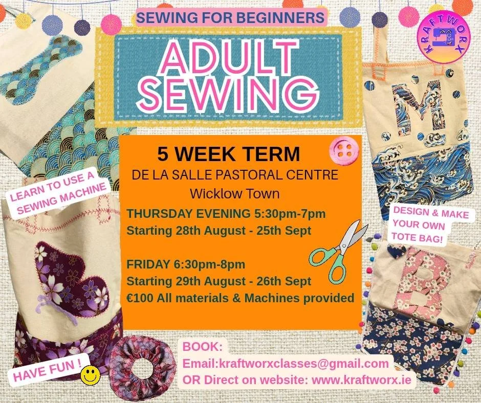 Adult Sewing for beginners 5-week class (Thurs. evenings) at De La Salle Pastoral Centre (ends 25 Sept.)