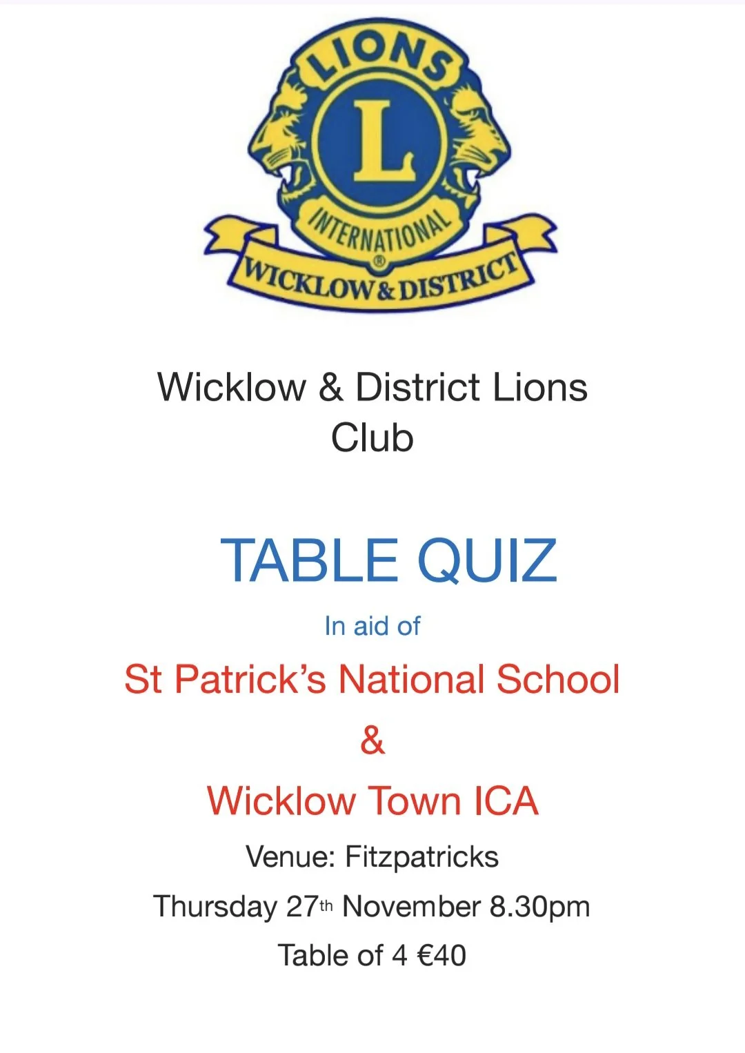 Lions Club Table Quiz In Aid Of St. Patrick's National School and Wicklow Town ICA at Fitzpatricks