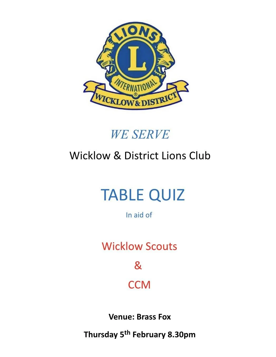 Lions Club Table Quiz In Aid Of 7th Wicklow Scouts And CCM at Brass Fox