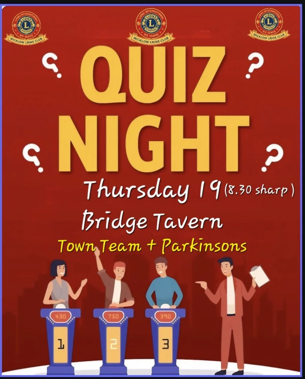 Wicklow Lions Quiz Night (To Benefit Wicklow Town Team And Parkinsons) at Bridge Tavern