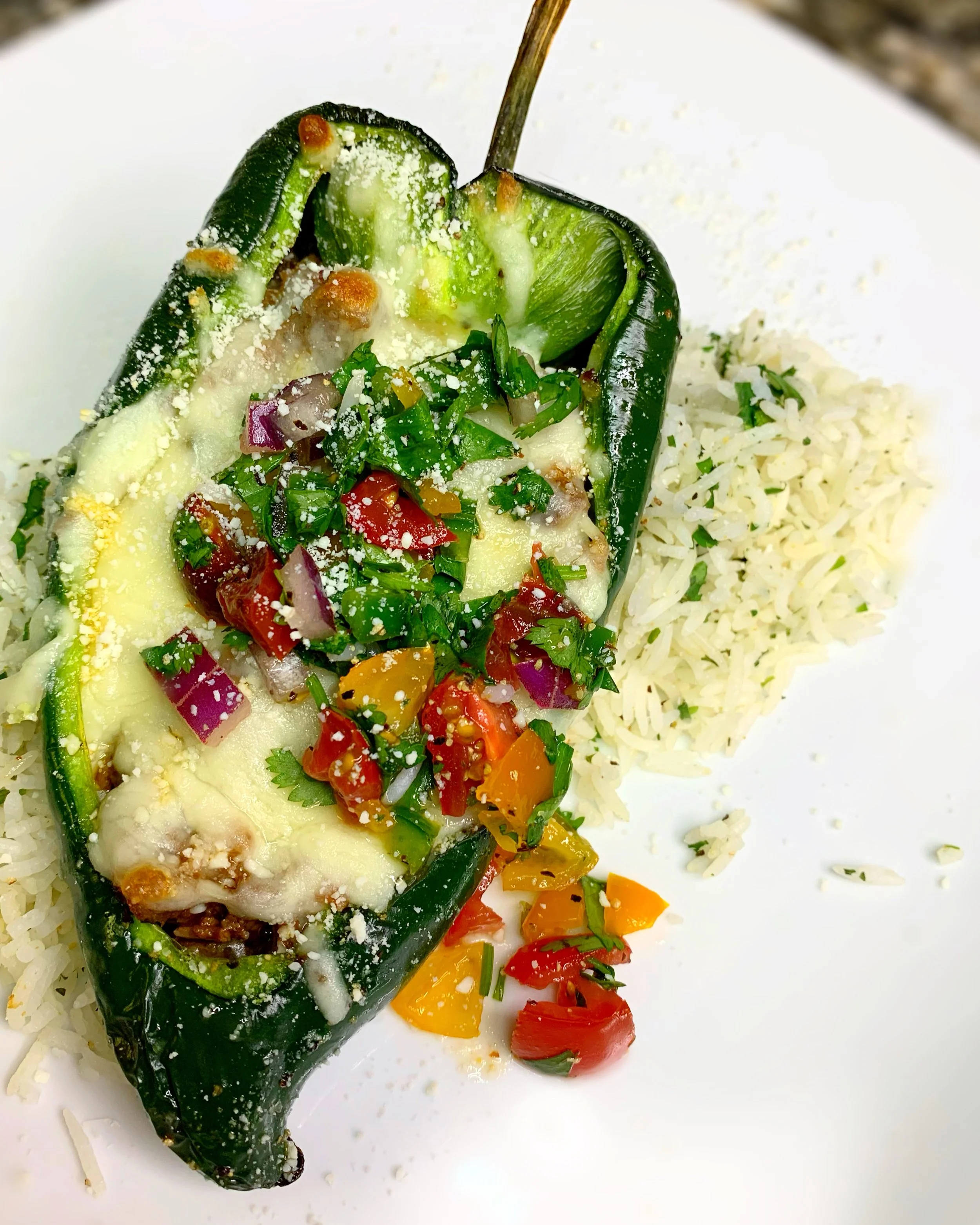 Short Rib Stuffed Poblano Peppers, with Cilantro Lime Rice