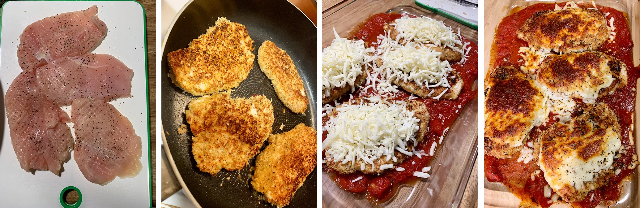 Achieve the best crust by pan searing the dredged chicken before transferring to the oven to finish cooking.