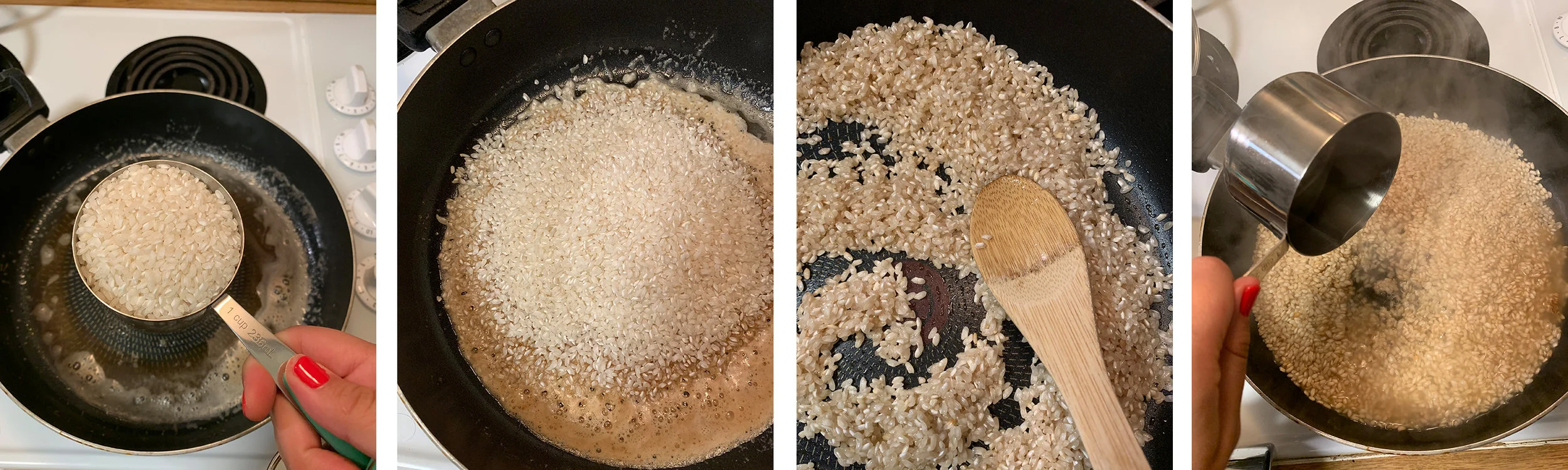 Risotto becomes al-dente by adding 1 cup of hot broth at a time as it cooks in and softens the rice over a period of 15-20 minutes.