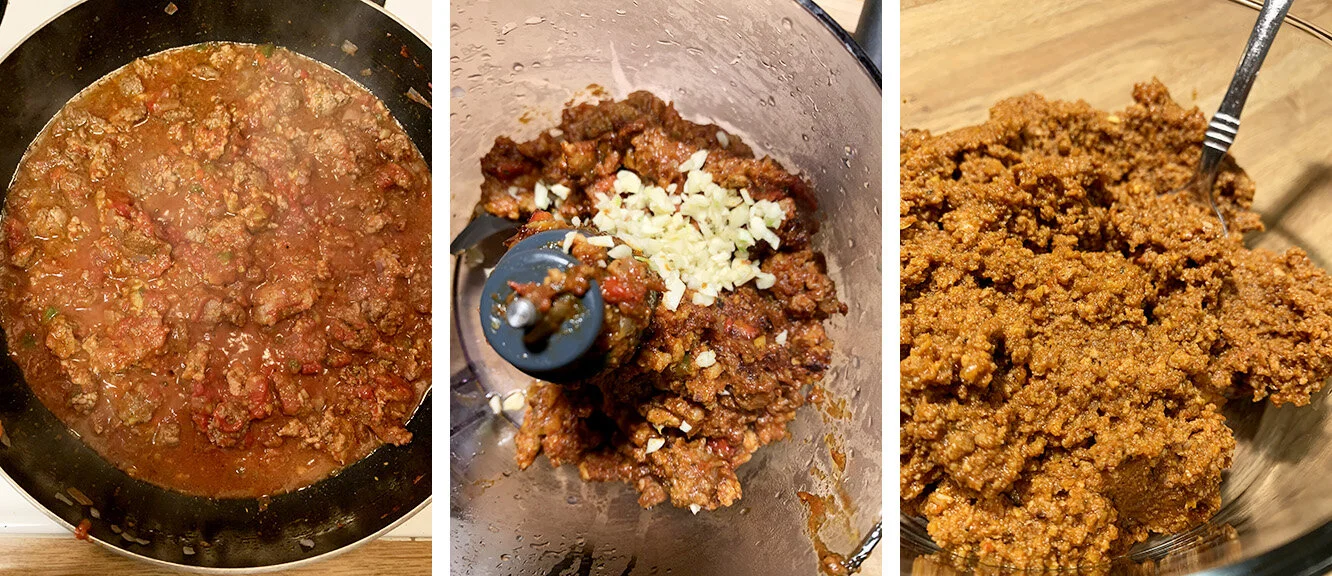 Once the meat filling is cooked, toss it in a food processor to blend evenly.