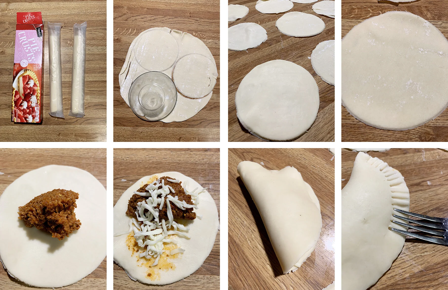 This part is where it can get tricky; I ended up re-rolling the pie dough with a little water + flour, then cut them out into circles. This made the dough MUCH easier to work with.
