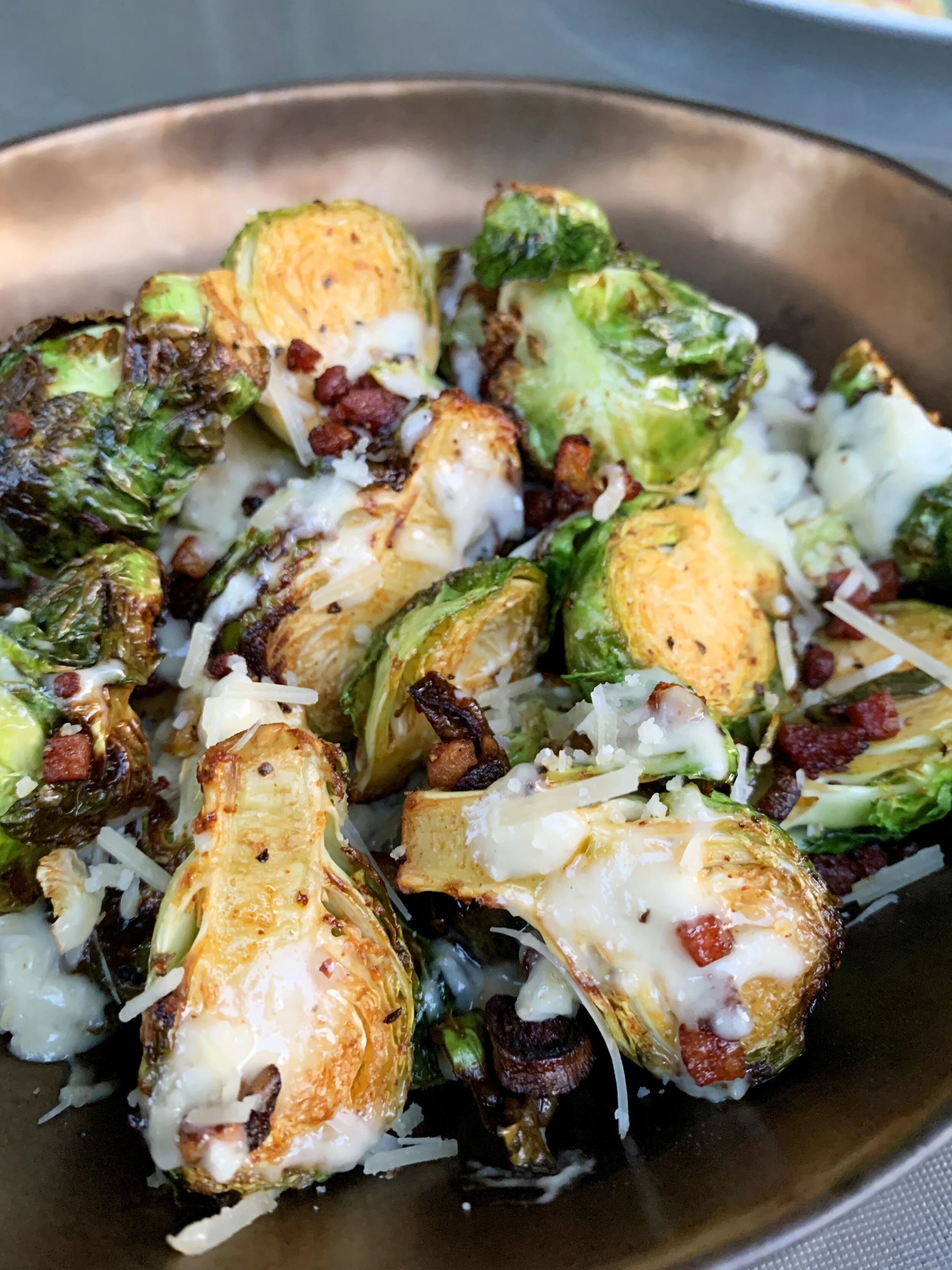 Creamy Garlic Parmesan Brussels Sprouts with Pancetta