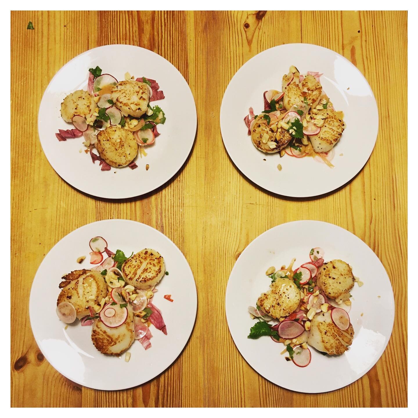 A firm favourite: seared scallops with Asian radish salad and peanut sauce