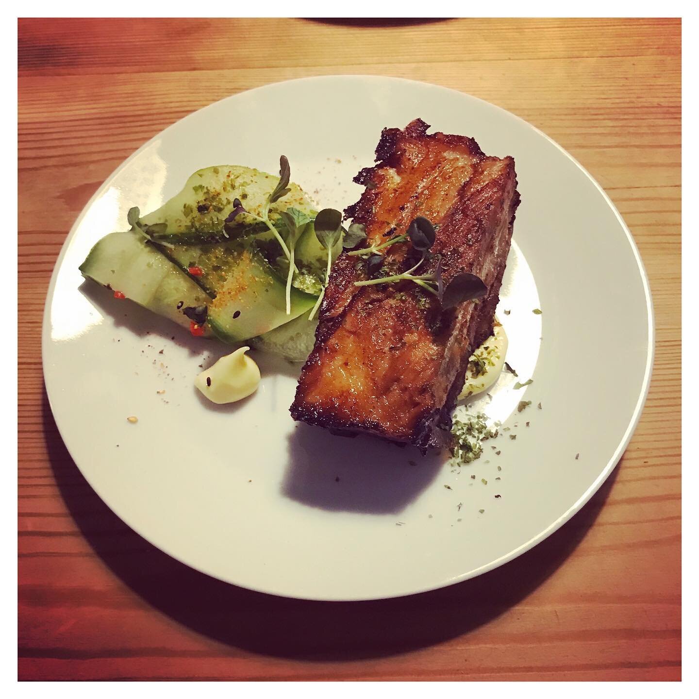 Japanese crispy pork belly, with pickled cucumber and nori salad. Delicious!