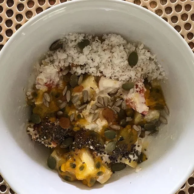 Healthiest breakfast ever: oats, papaya, pineapple, apple, banana, passion fruit, chia seeds, sunflower seeds, pumpkin seeds, raisins, drinking plain yogurt, grated fresh coconut...can you beat this combination?
 #boutiquehotelsrilanka #paradisebeach