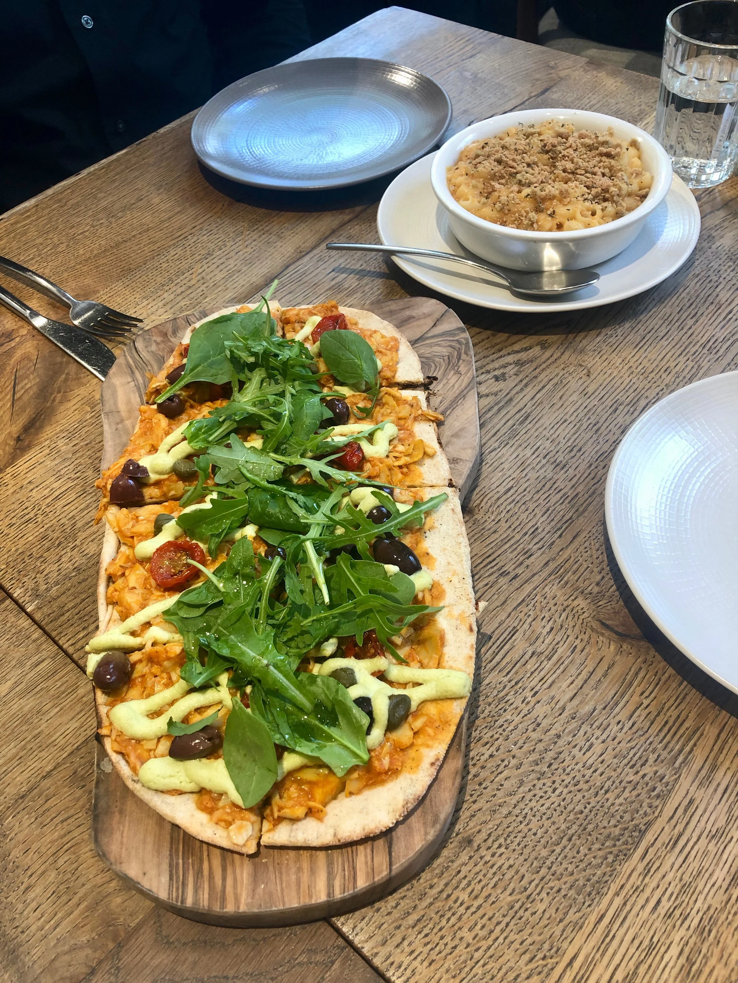 Artichoke and black olive pizzetta and house mac & cheese @ Farmacy, May 2019