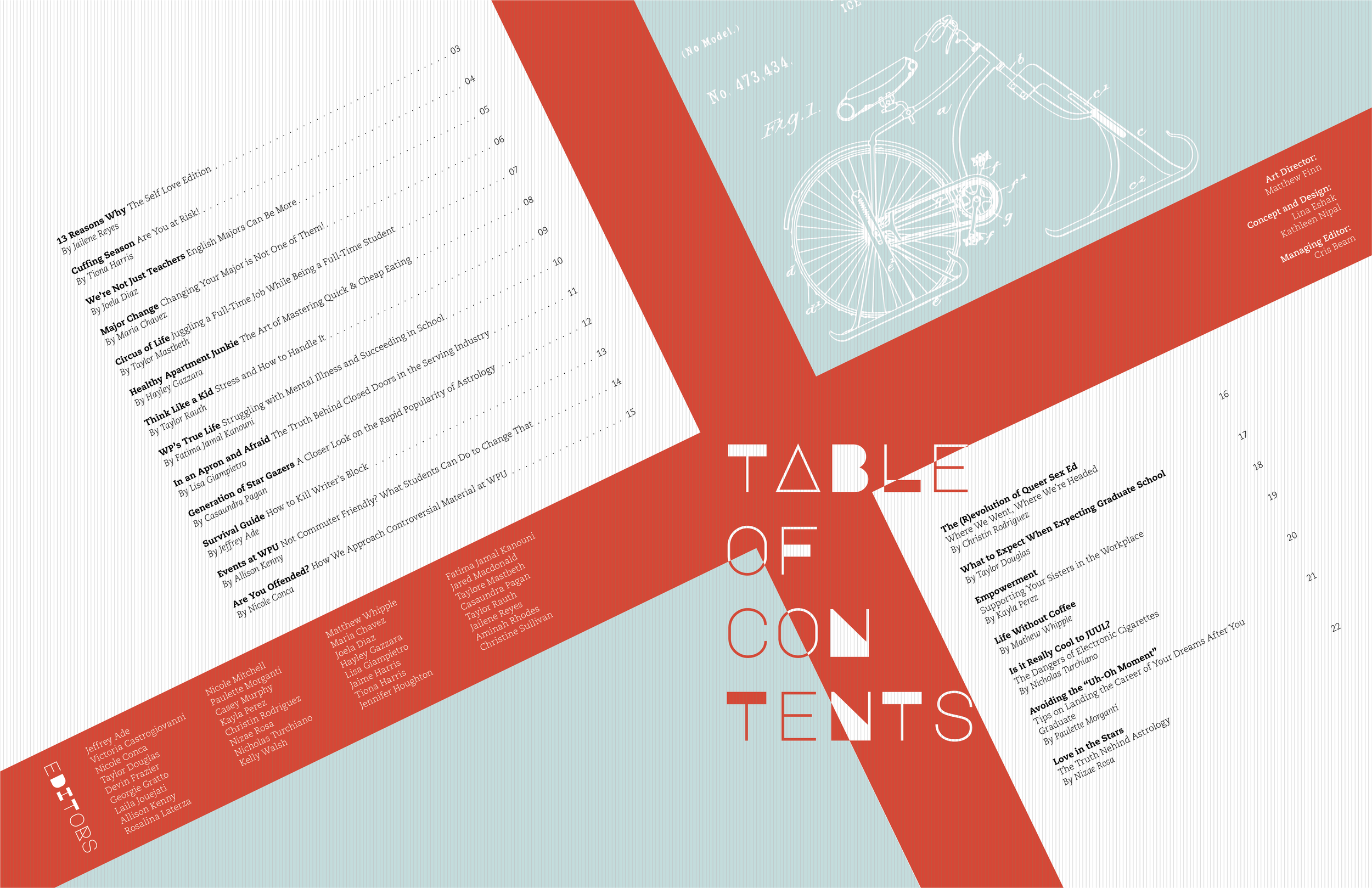 We wanted our design to be a "mix" of digital and analog, with old-school patent drawings juxtasposed with modern typography.