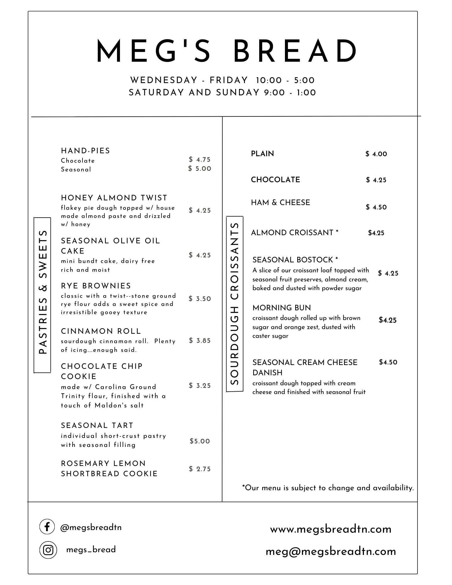 Menu — Meg's Bread