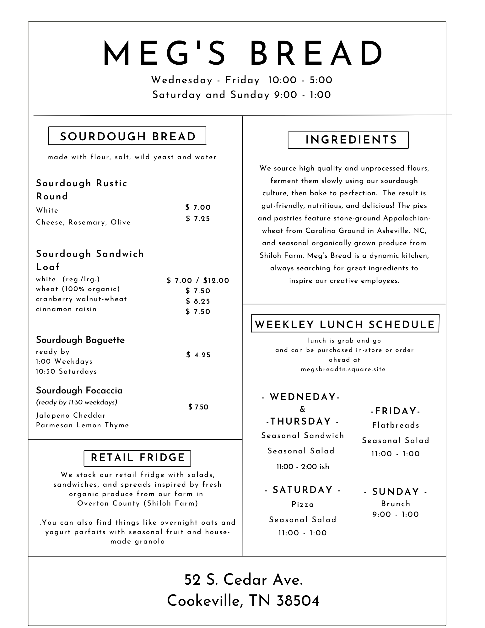 Menu — Meg's Bread