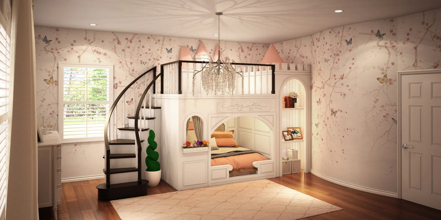 A 3-D Rendering of the custom castle bed designed by Rockabye Mommy