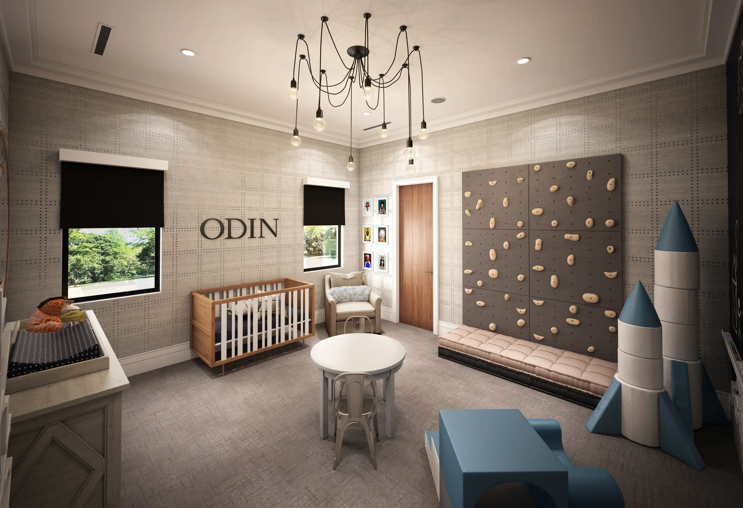 A 3-D Rendering of Nick Carter's Sons nursery with climbing rock wall designed by Rockabye Mommy