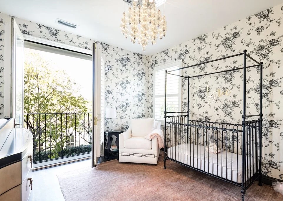 Black and White floral wallpaper in Nursery Room for AJ McLean's daughter Lyric, designed by Rockabye Mommy