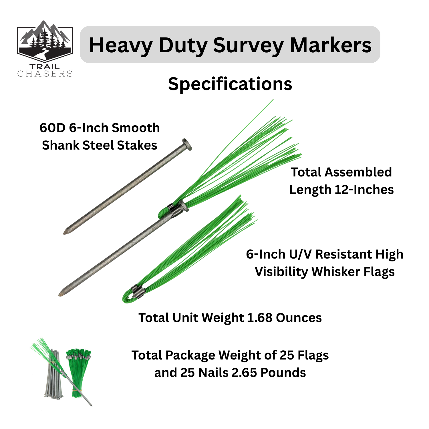 Trail Chasers Heavy Duty Green Survey Markers with Steel Stakes Size Guide.png