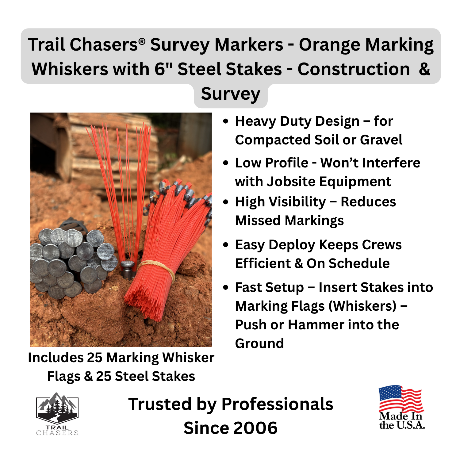 Trail Chasers Survey Markers – Orange Marking Whiskers with Steel Stakes for Construction & Survey.png