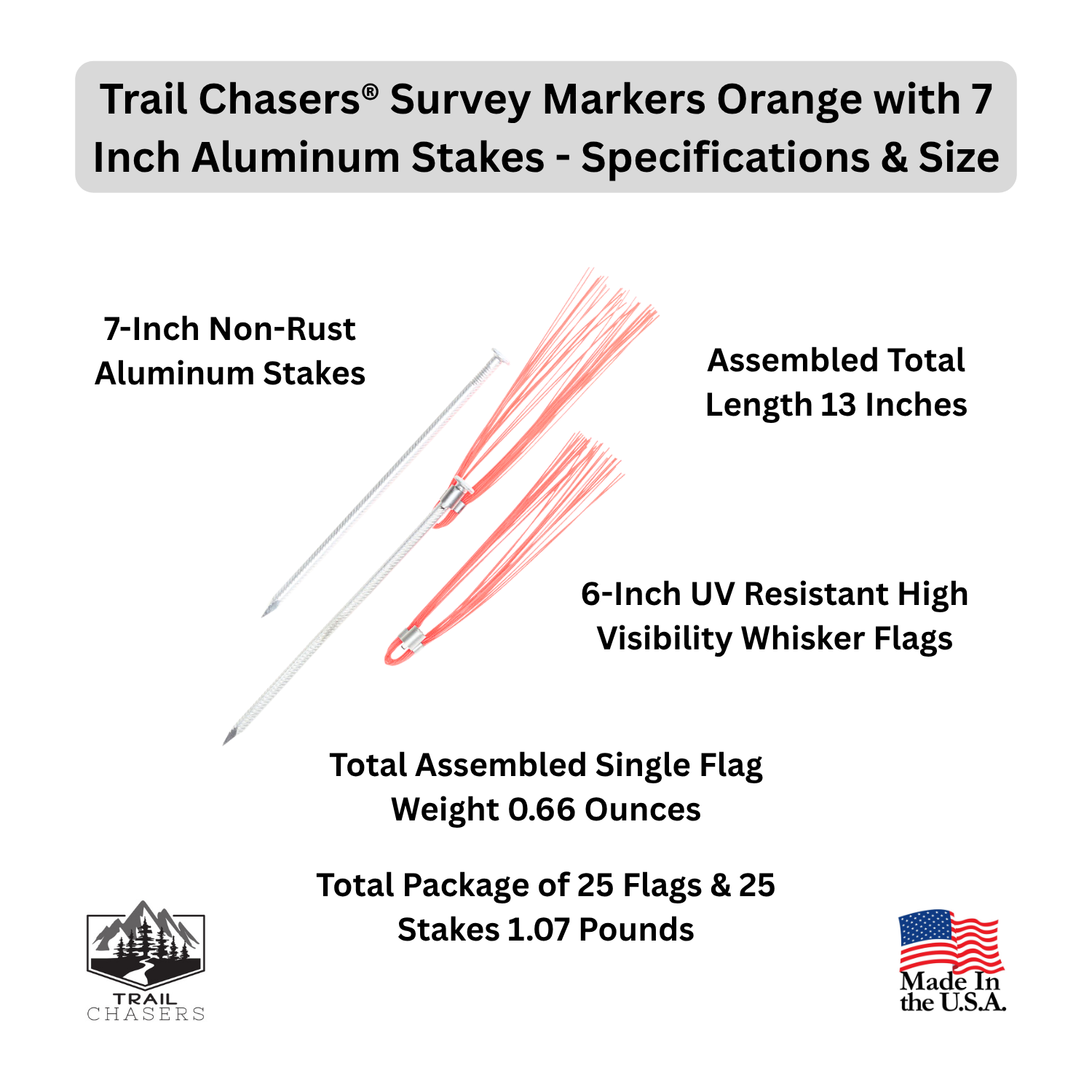 Trail Chasers Survey Markers Orange with 7 Aluminum Stakes - Specifications & Size.png