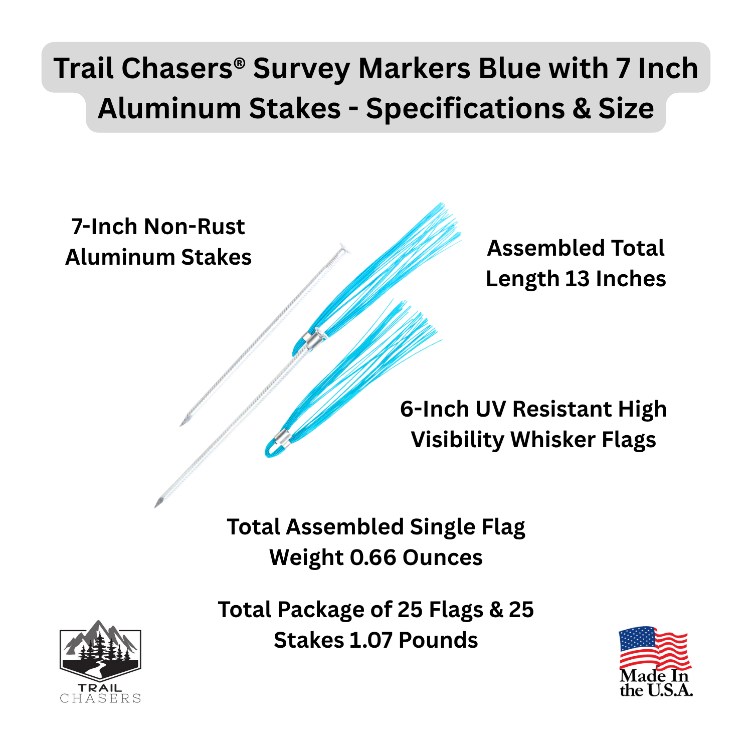 Trail Chasers Survey Markers Blue with 7 Aluminum Stakes - Specifications & Size.png