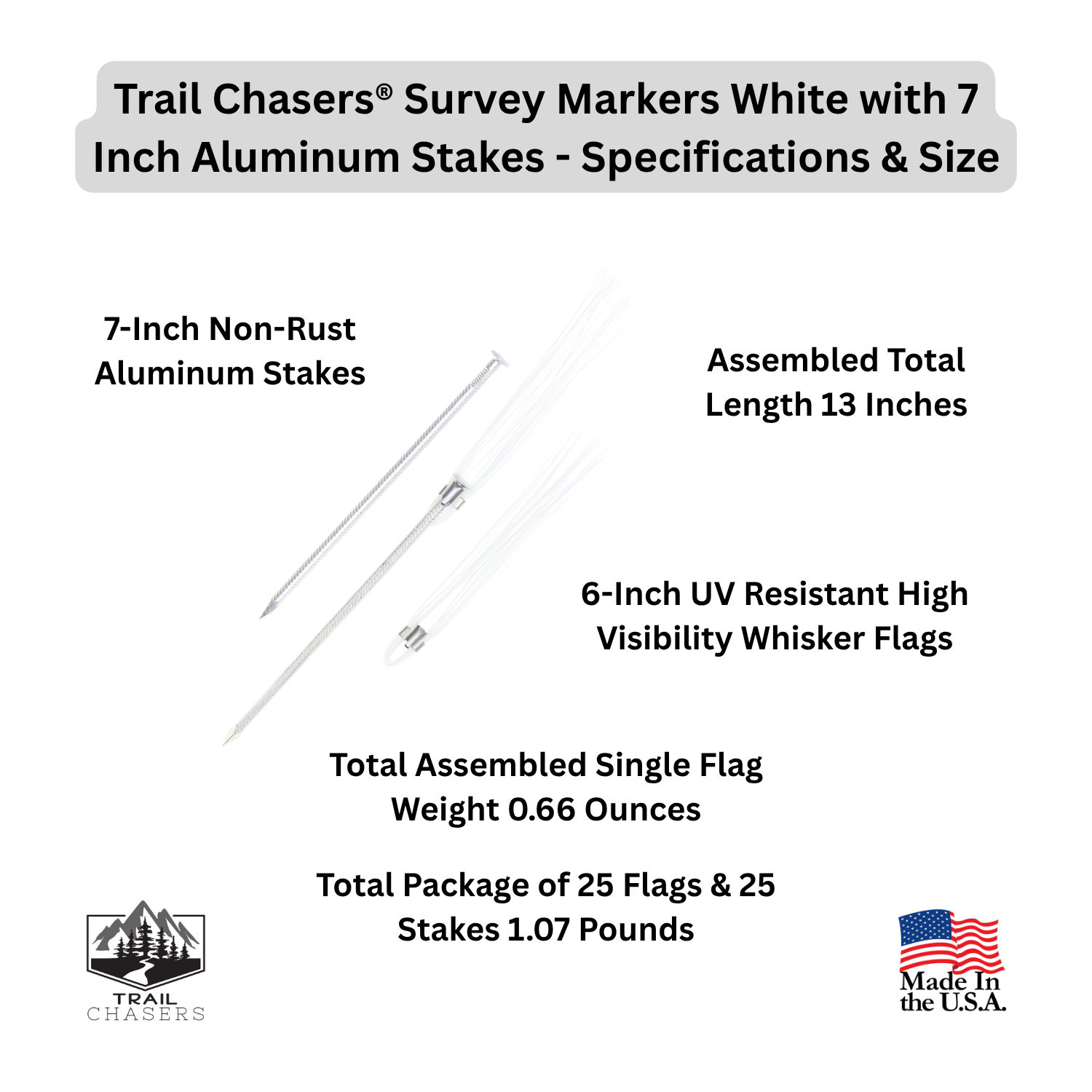 Trail Chasers Survey Markers White with 7 Aluminum Stakes - Specifications & Size.png