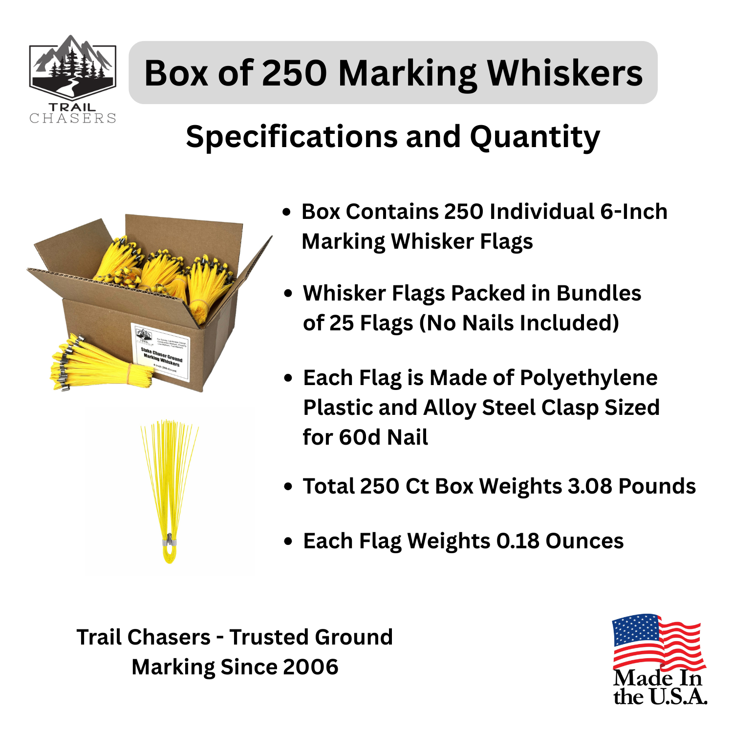 Trail Chasers Yellow 250 Count Marking Whiskers Specifications and Dimensions.png