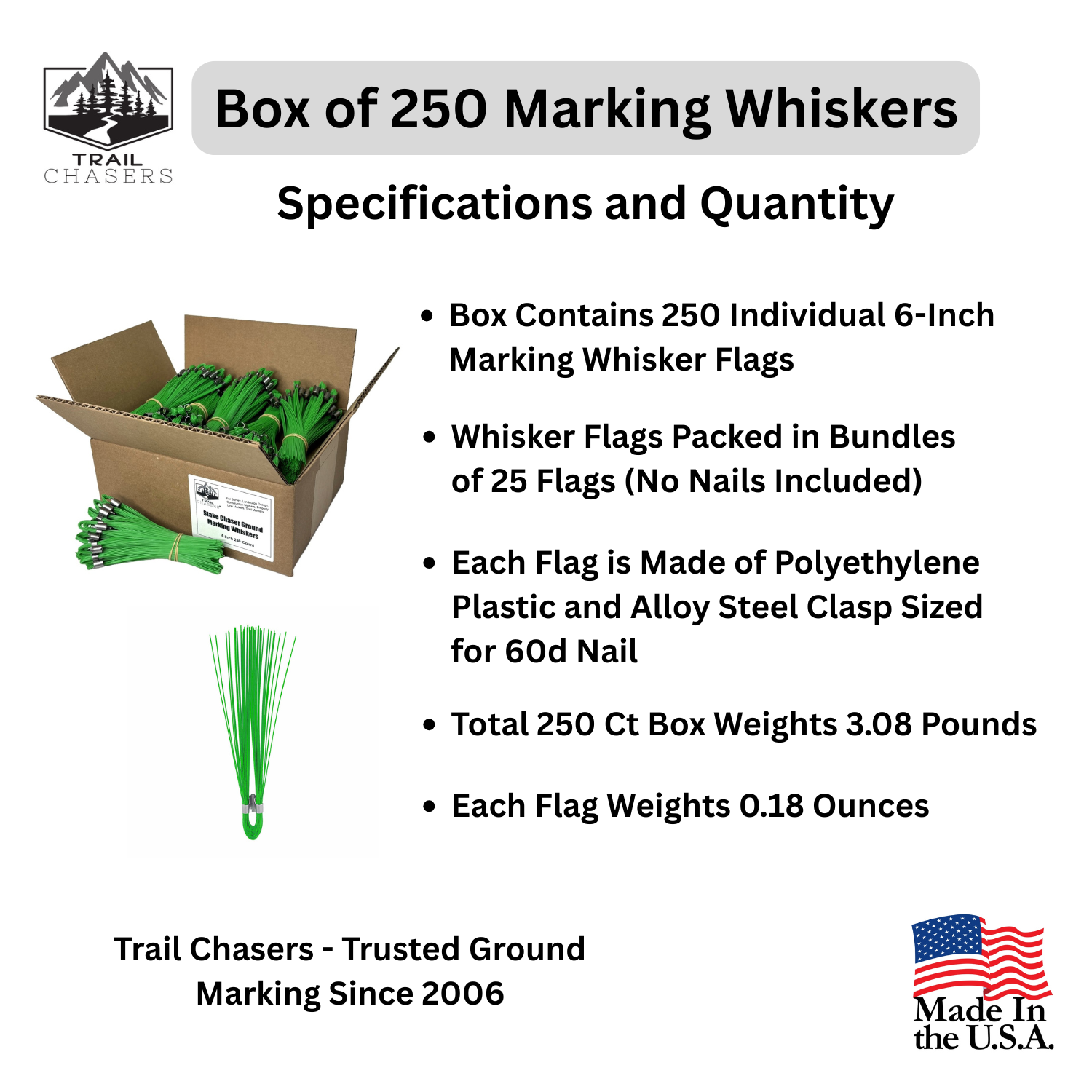 Trail Chasers Green 250 Count Marking Whiskers Specifications and Dimensions.png