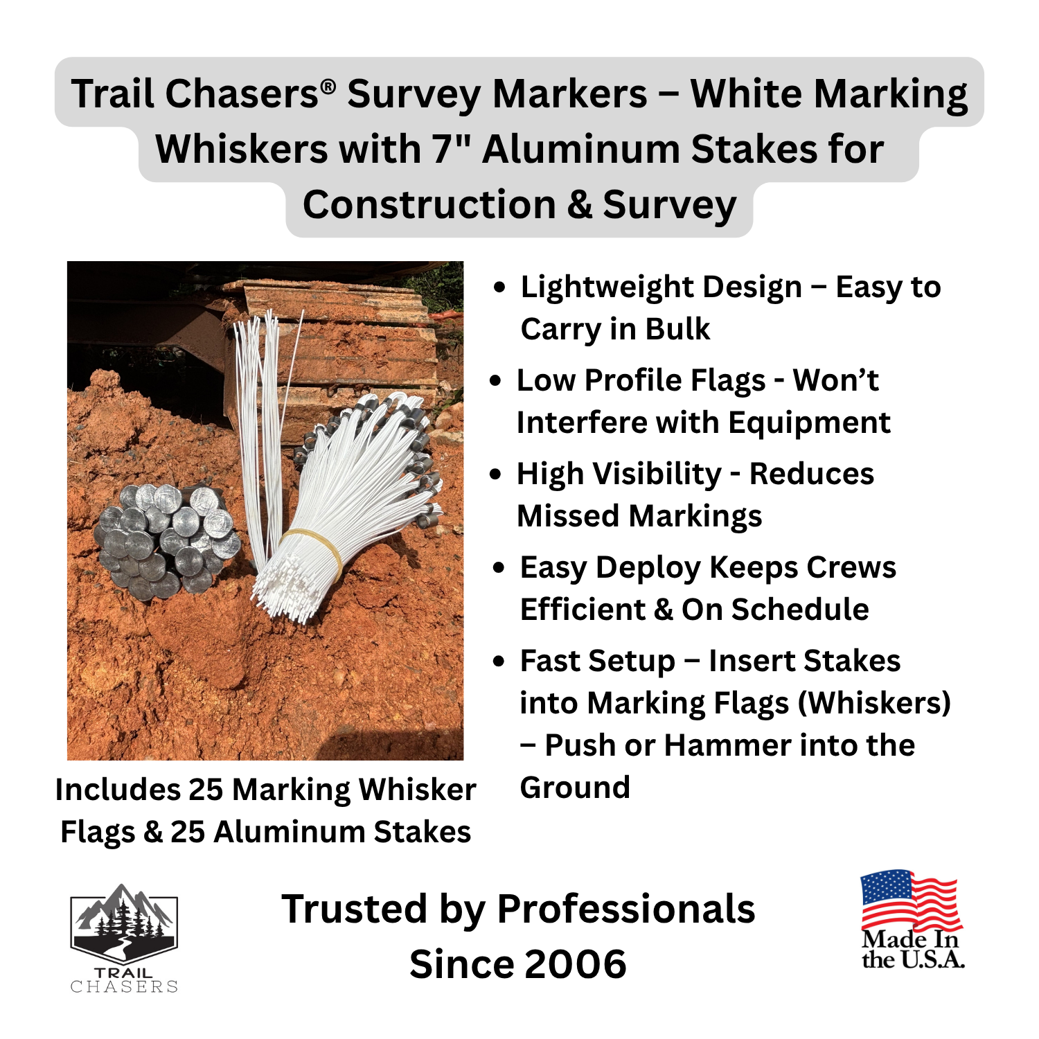 Trail Chasers Survey Markers - White Marking Whiskers with Aluminum Stakes for Construction & Survey.png